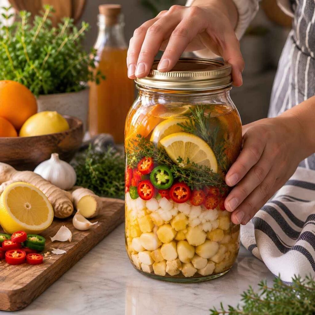 Seal and Infuse Cover the jar tightly with a lid, using a piece of parchment paper between the vinegar and a metal lid to prevent corrosion. 