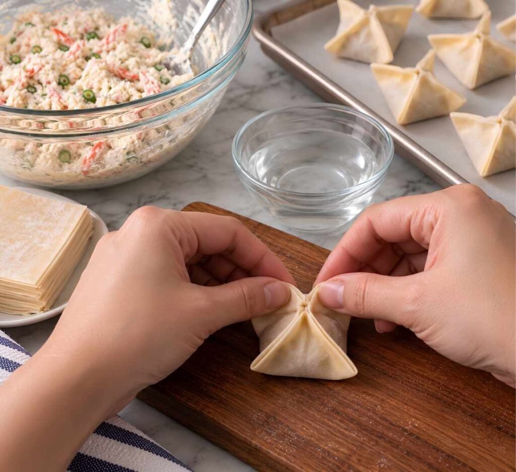 Seal into the Classic Shape. Dip a finger in the water and run it along all four edges of the wrapper.