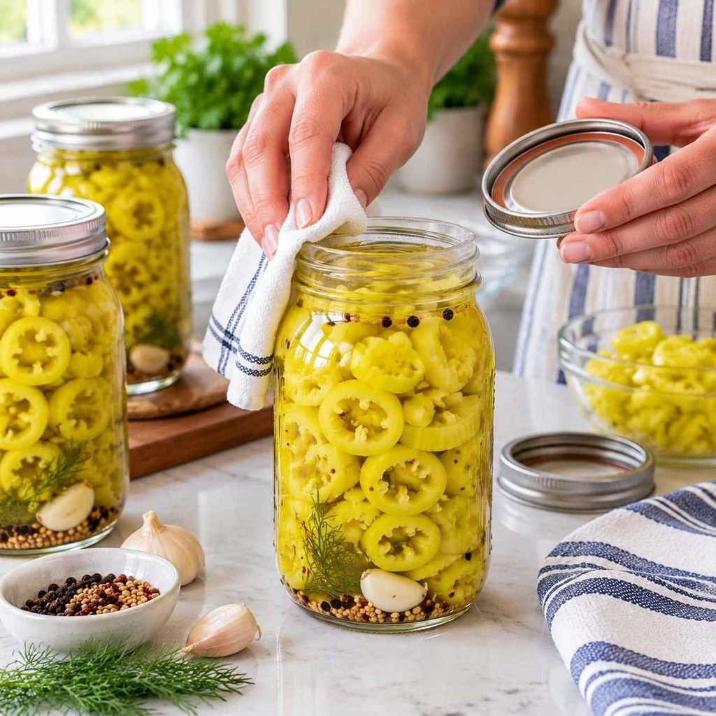Wipe each jar rim with a clean cloth dipped in vinegar.