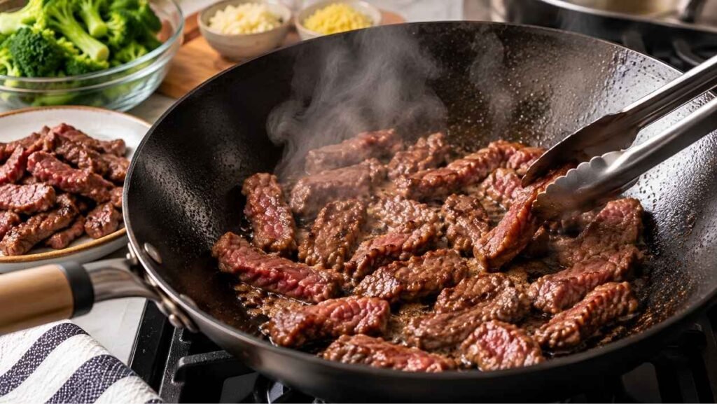 Sear the Beef Heat 1 tablespoon of oil in a carbon steel wok or cast iron skillet over high heat until it shimmers.
