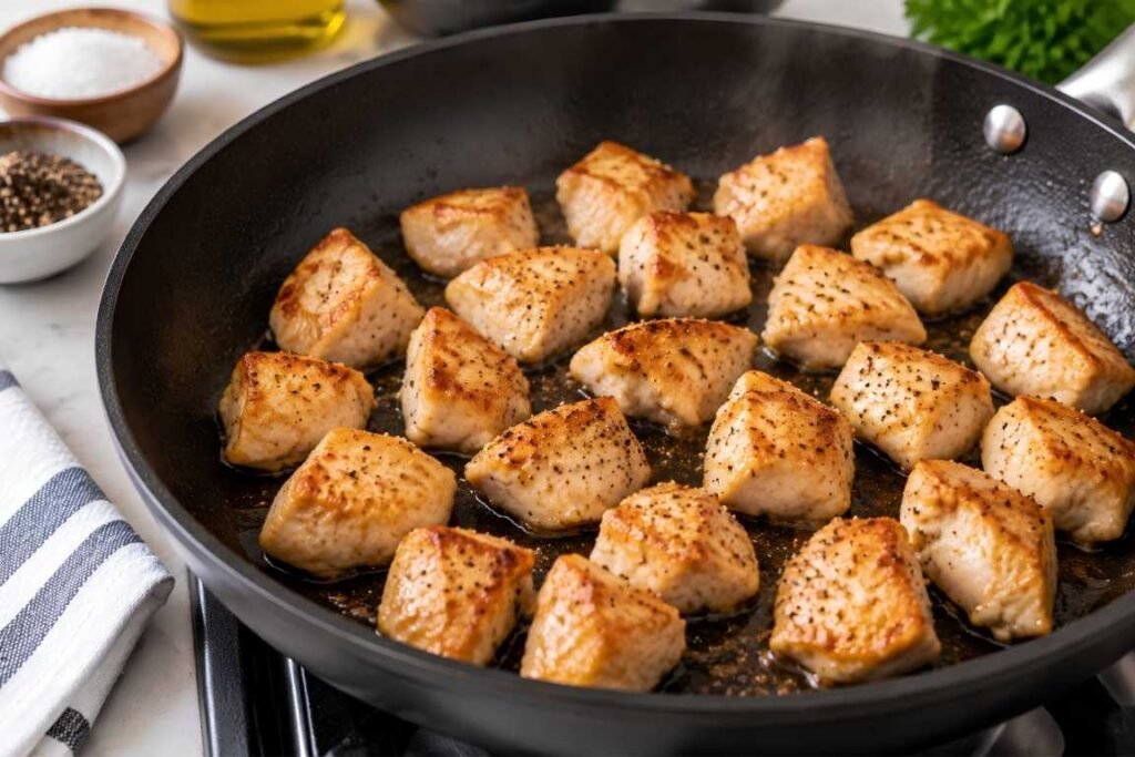Sear the Chicken Until GoldenAdd the chicken cubes to the skillet in a single layer.