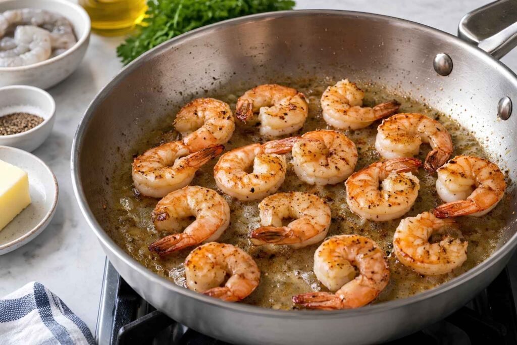 Sear the Shrimp. Pat the shrimp dry and season with salt and pepper.