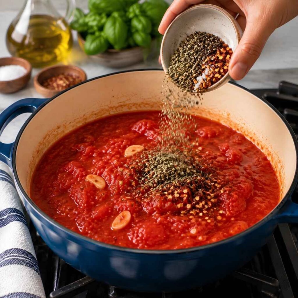 Season
Add the oregano, salt, black pepper, and red pepper flakes if using. Stir well