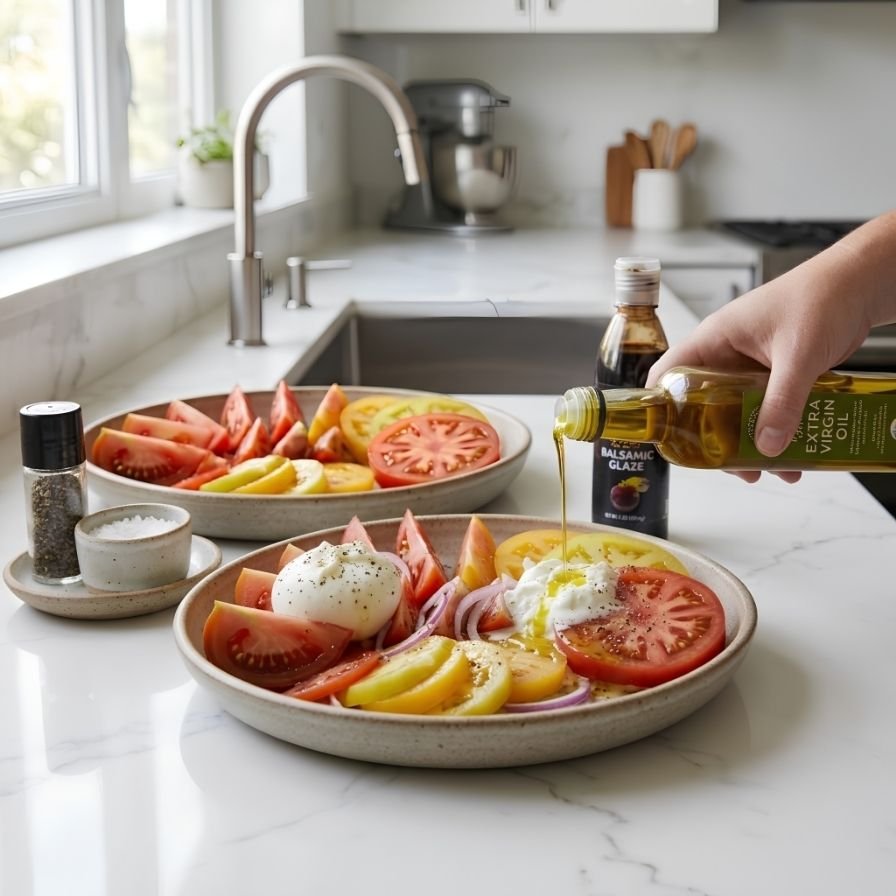 Season and Dress the Salad Drizzle the olive oil and balsamic glaze over the tomatoes and burrata.
