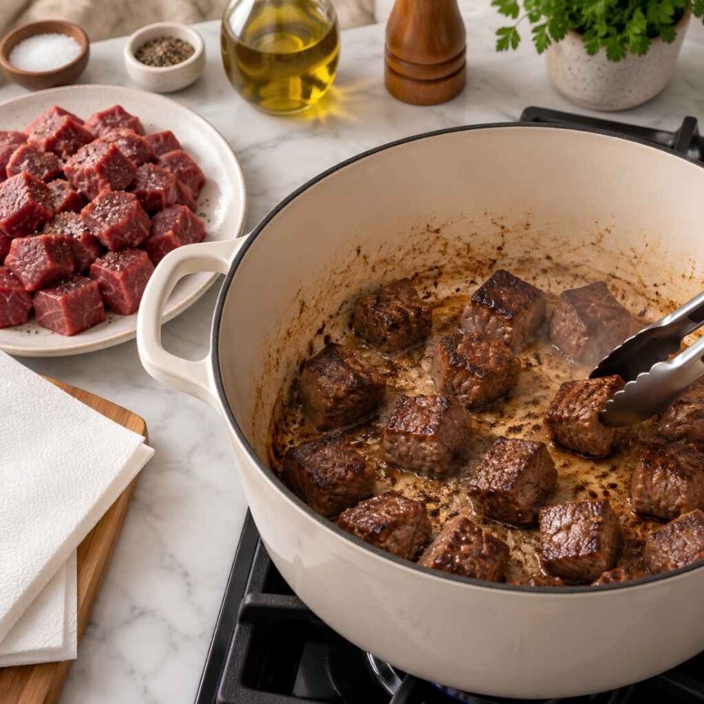 Season and Sear the Beef
Pat the beef cubes dry with paper towels and toss them with the salt and pepper.