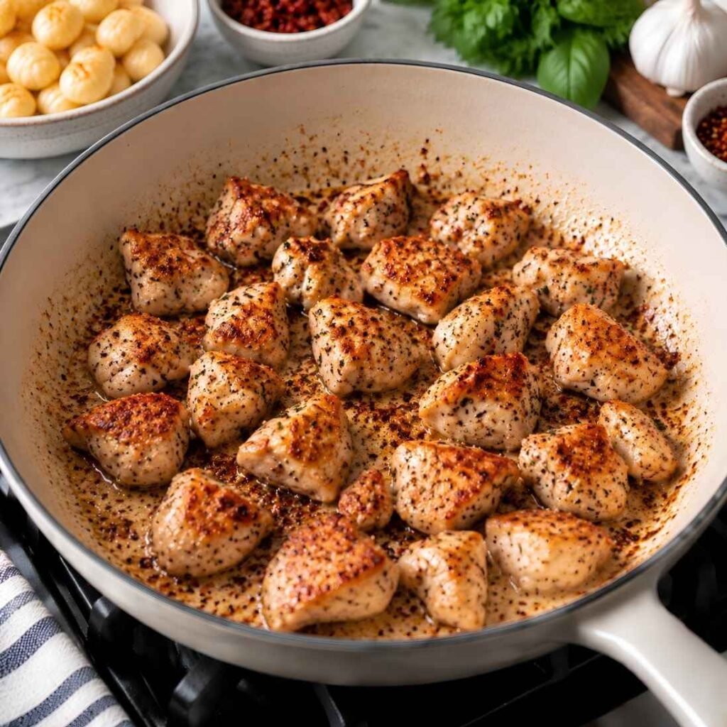 Season and Sear the Chicken
Pat the chicken pieces dry and toss them with 1/2 teaspoon of the salt, the black pepper, and the Italian seasoning. Heat the olive oil in a 12-inch skillet over medium-high heat. 