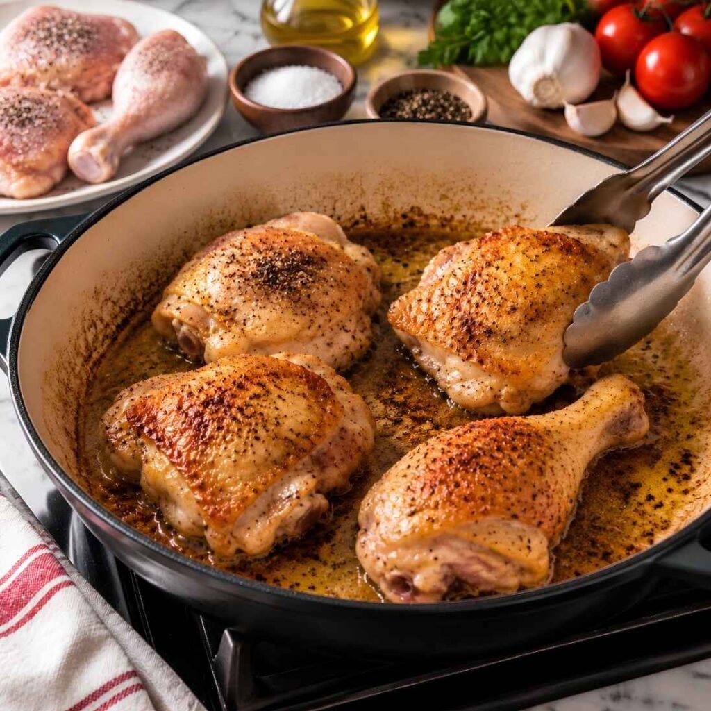 Season and Sear the Chicken
Pat the chicken thighs completely dry with paper towels dry skin is the difference between golden and pale. Season all over with 1 teaspoon of the salt and the black pepper. 
