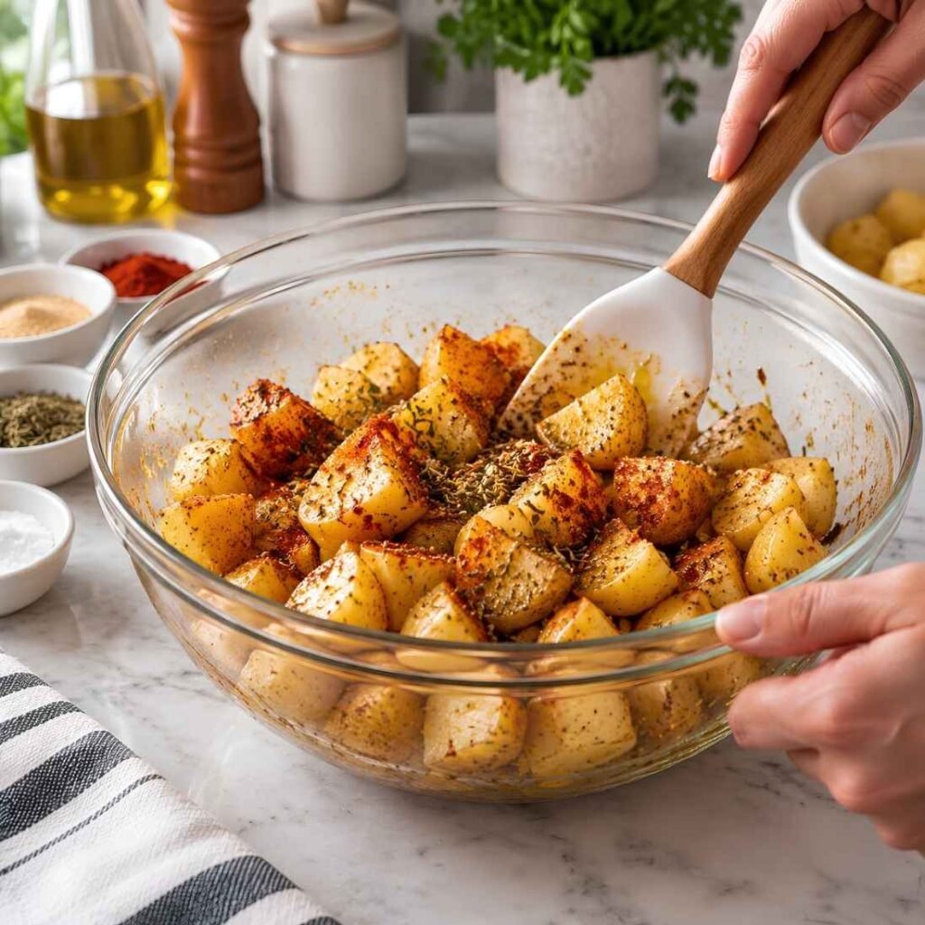 Season the Potatoes
Pat the quartered potatoes dry with a towel, then toss them in a large bowl with the