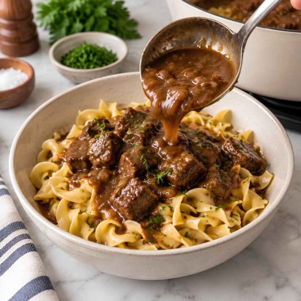 Serve
Spoon the noodles into bowls and ladle the beef and gravy over the top.