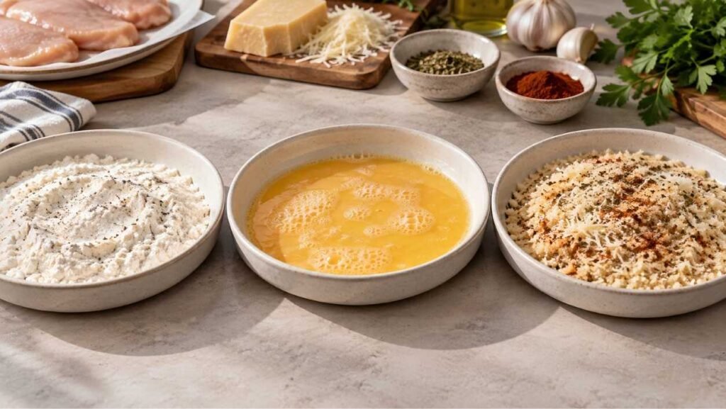 Set Up Three Dishes In the first, whisk the flour with the salt and pepper.