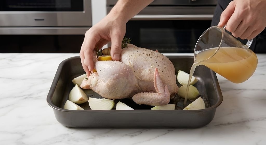 Set Up the Roasting Pan Scatter the onion quarters in the bottom