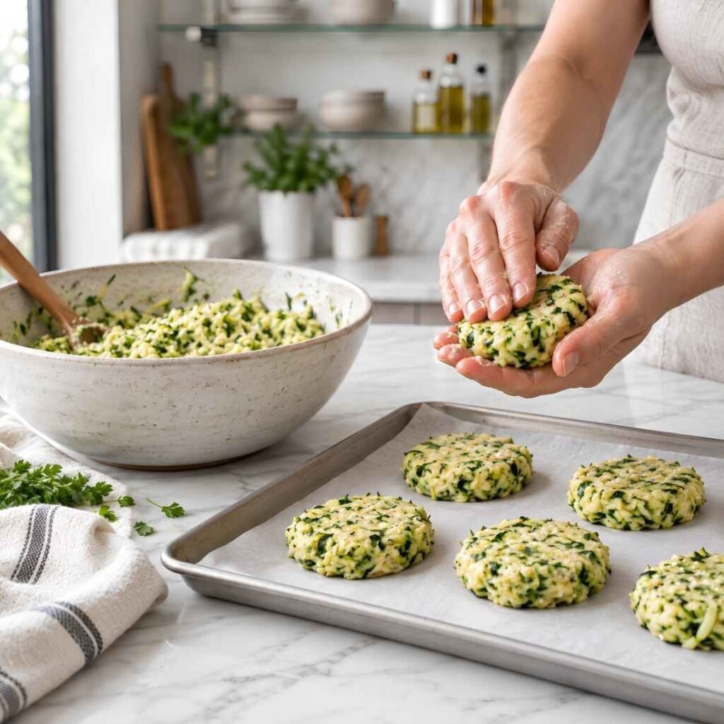 Shape the Fritters
Scoop about 2 tablespoons of the zucchini mixture and shape it into small,