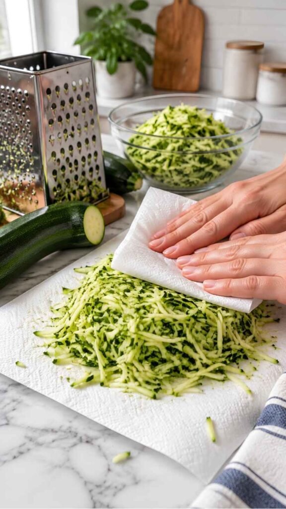 Shred and Press the Zucchini
Shred the zucchini on the large holes of a box grater.