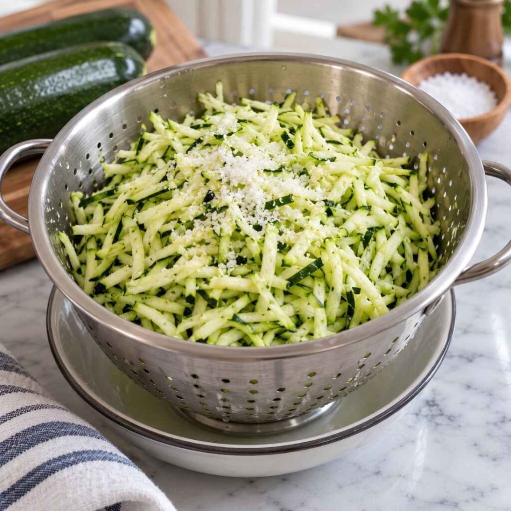 Shred and Salt the Zucchini. Shred the zucchini on the large holes