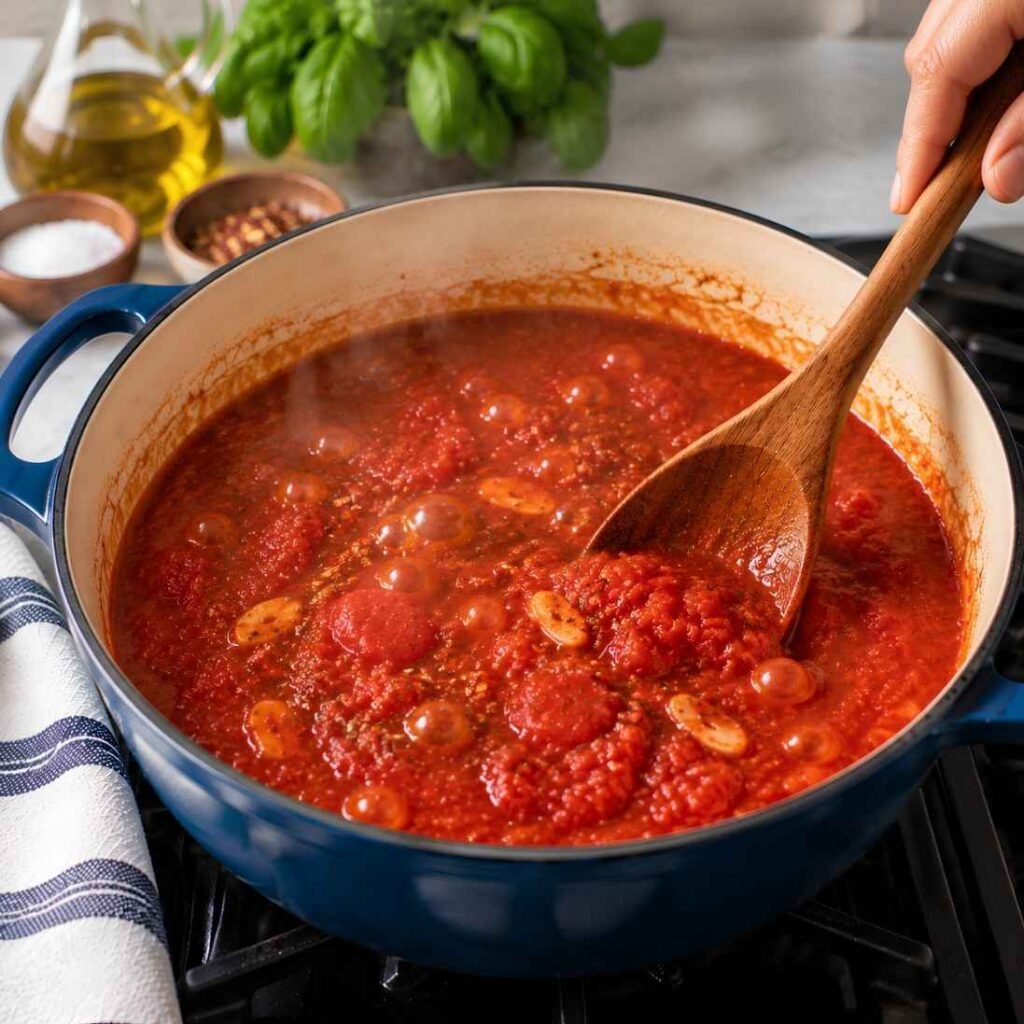Simmer
Bring it to a gentle simmer, then lower the heat until the surface bubbles lazily.