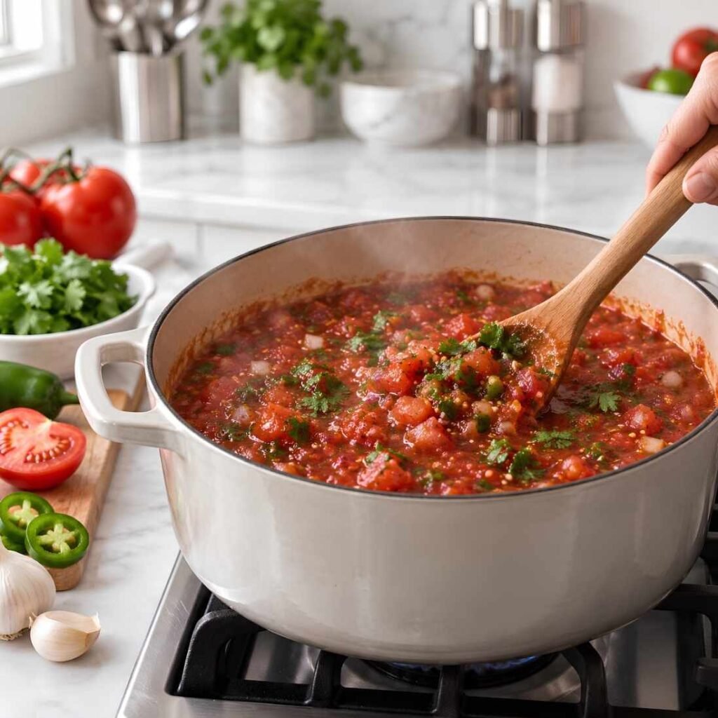 Simmer the Mixture: Combine the diced tomatoes, onions, jalapeños, garlic