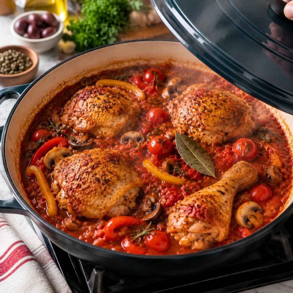Build the Sauce
Stir in the crushed tomatoes, cherry tomatoes, broth, oregano, rosemary, bay leaf, red pepper flakes, and the remaining 1/2 teaspoon salt. Bring to a gentle simmer.