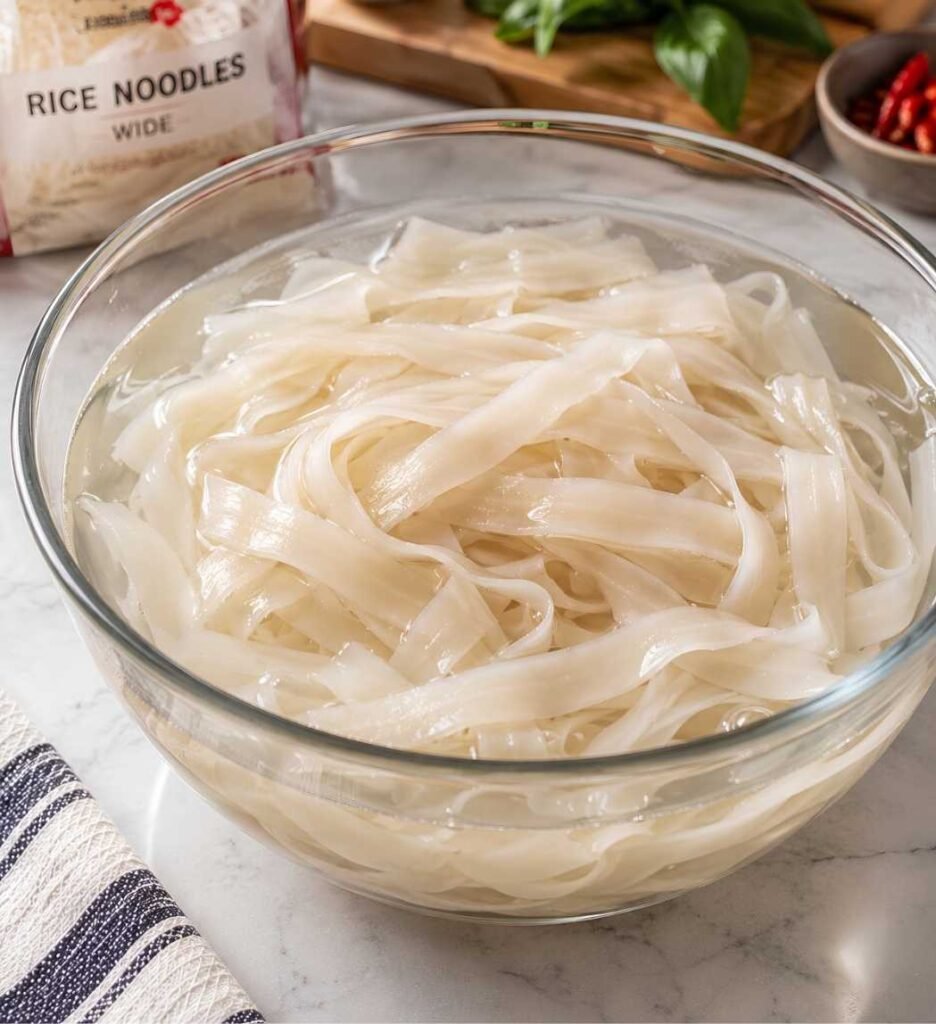 Soak the Noodles
Soak the wide rice noodles in warm water