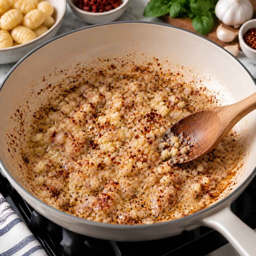 Soften the Aromatics
Add the shallot to the skillet and cook for 2 minutes until softened. Add the garlic and red pepper flakes and cook 30 seconds more, just until fragrant. 