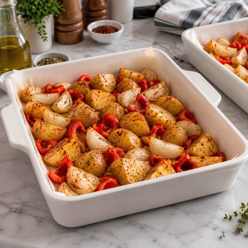 Spread Them Out
Divide the potatoes between the two pans and arrange them cut-side down in a single layer, with a little space between pieces.