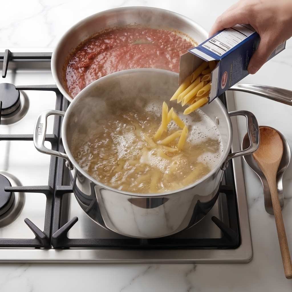 Start the Pasta Once the sauce has been simmering