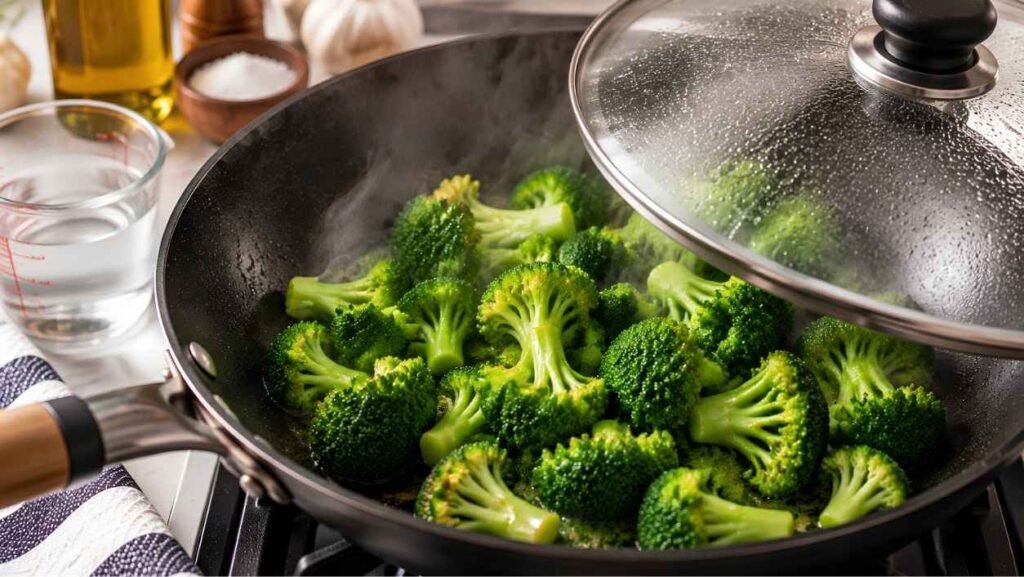 Steam-Fry the Broccoli Add the remaining oil and the broccoli to the same pan.