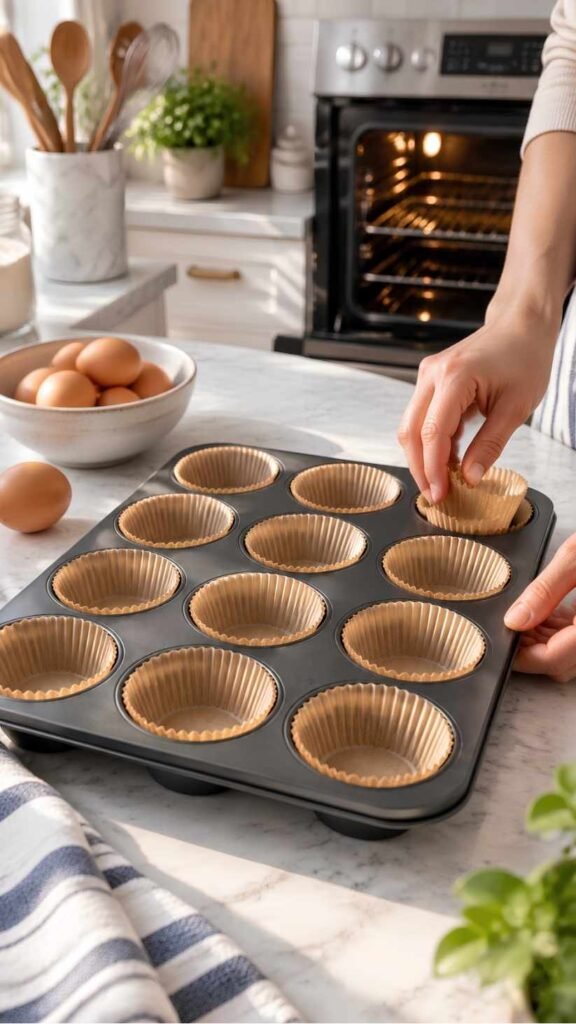 Heat the Oven and Prep the Tin
Preheat the oven to 350°F (175°C) and line a 12-cup muffin tin with paper liners.