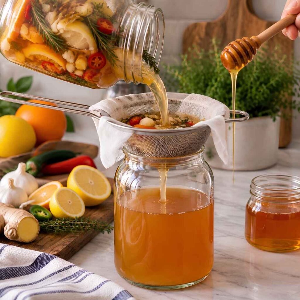 Strain and Sweeten After the infusion period, strain the liquid through a fine-mesh sieve or cheesecloth into a clean jar, pressing out as much liquid as possible. Stir in honey to taste before storing.