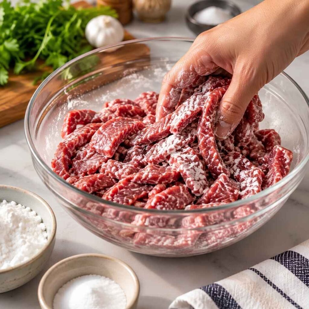 Tenderize and Coat the Beef Toss the sliced beef with the cornstarch and baking soda until every piece is coated