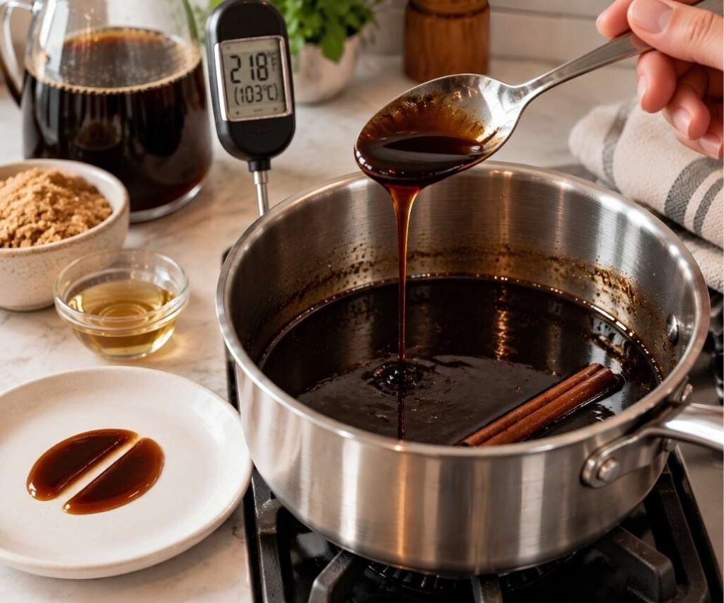 Test for Doneness
You are done when the liquid has reduced by about half, to roughly one cup.