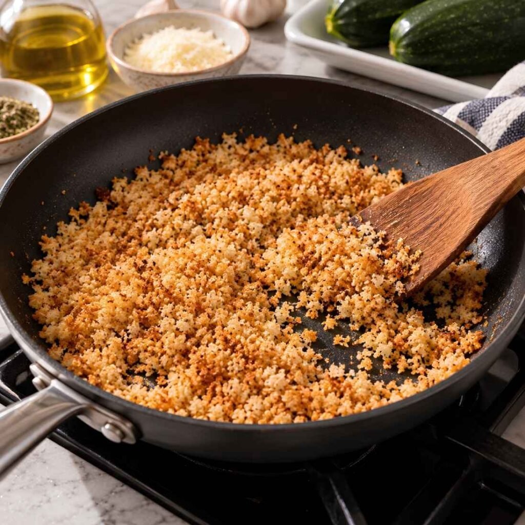 Toast the Panko: Heat the 3 tablespoons of olive oil in a skillet over medium heat. 