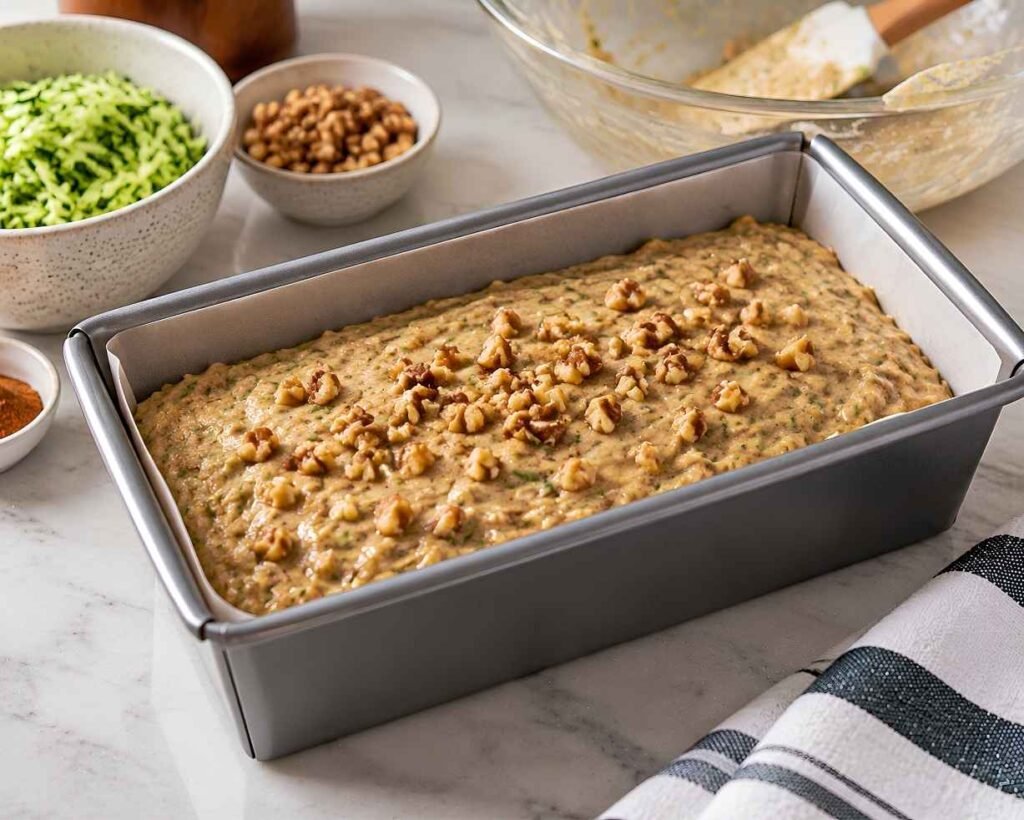 Transfer Batter to the Loaf PanPour the prepared batter into the greased or lined loaf pan and smooth the top with a spatula.