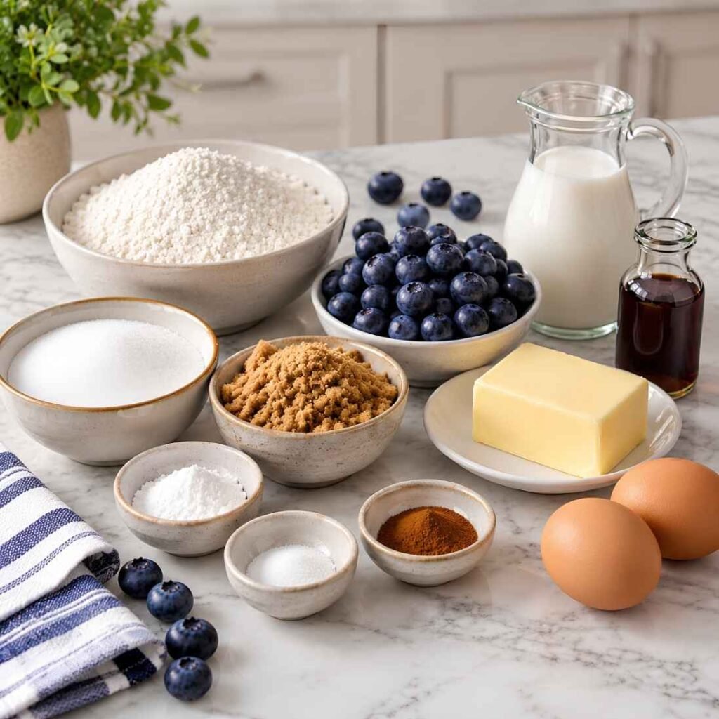 IngredientFor the Coffee Cake BatterFor the Coffee Cake Batter
2 cups all-purpose flour
1 cup granulated sugar
½ cup unsalted butter, softened
2 large eggs
1 teaspoon vanilla extract
1 cup milk
2 teaspoons baking powder
½ teaspoon salt
1½ cups fresh blueberries
For the Streusel Topping
¾ cup all-purpose flour
½ cup brown sugar
1 teaspoon ground 