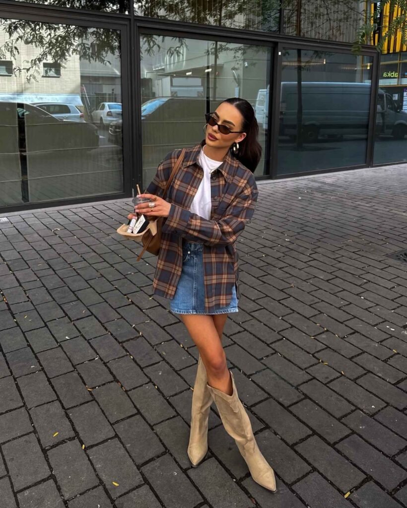 Oversized Plaid Shirt & Denim Skirt