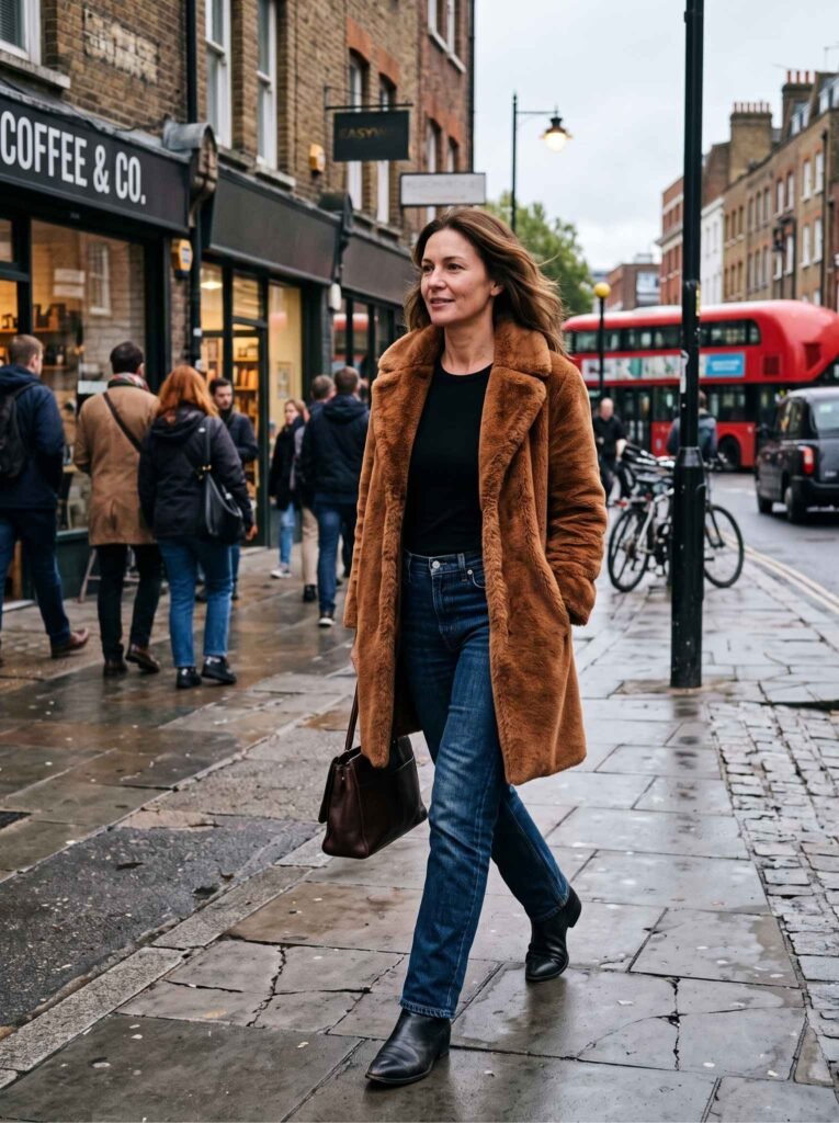 Faux Fur Coat With Straight Leg Jeans