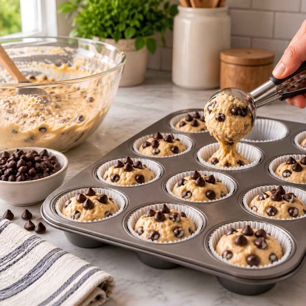 Fill the Muffin CupsUse a large scoop or spoon to divide the batter evenly among the lined muffin cups.