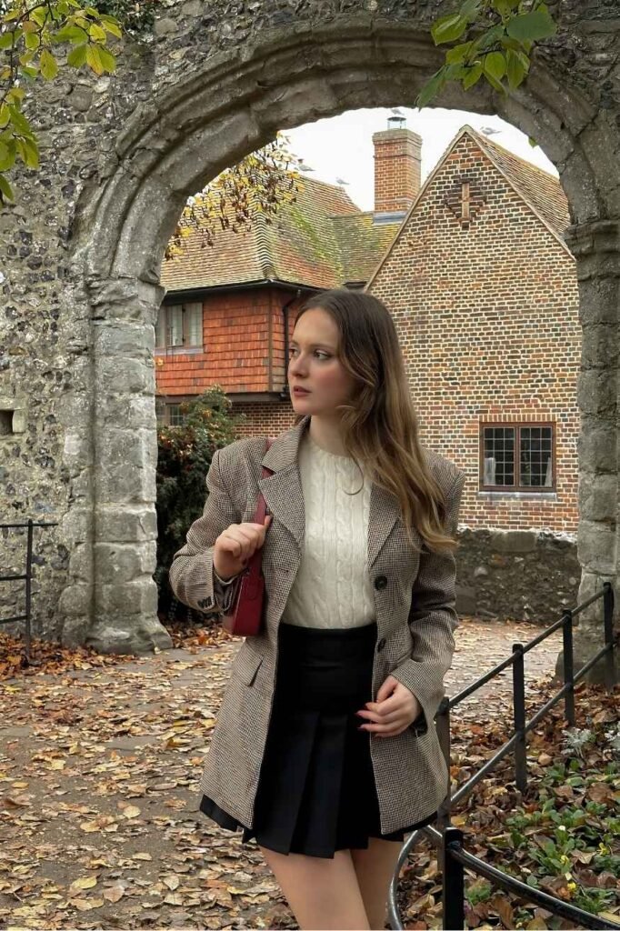 Houndstooth Blazer & Pleated Skirt