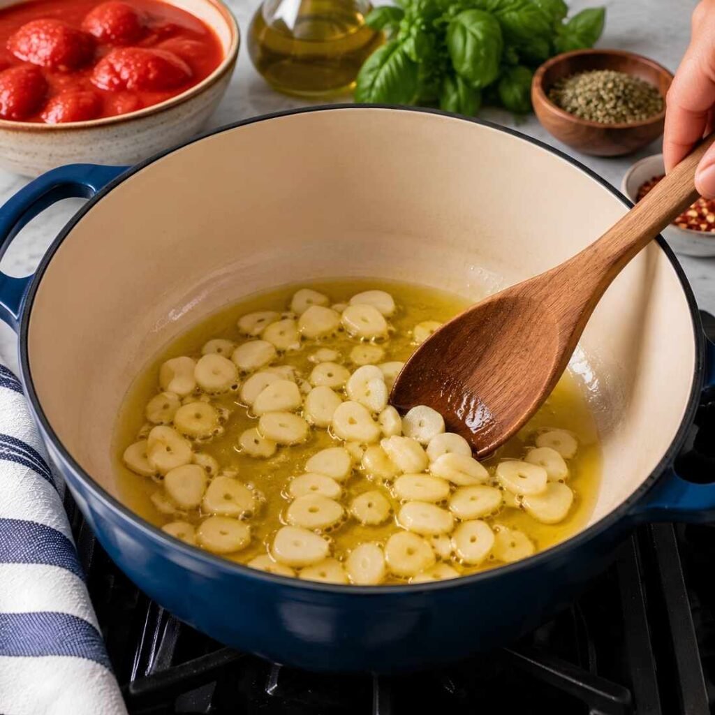 Warm the Garlic Gently
Heat the olive oil in a wide saucepan over medium-low heat.