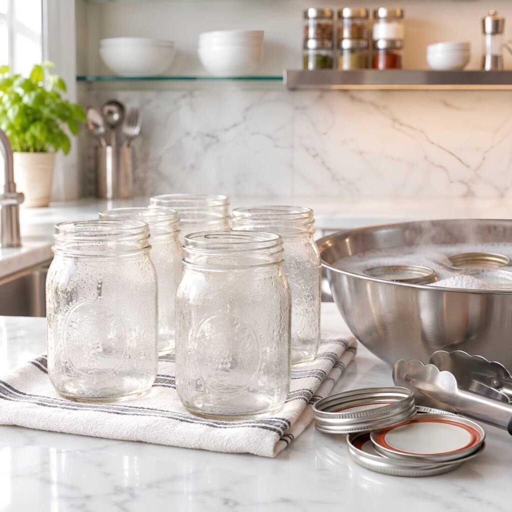 Warm the Jars: Wash your glass mason jars and metal lids in hot,