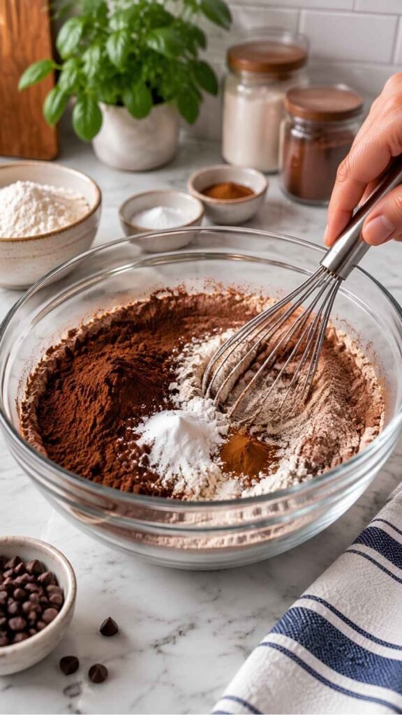 Whisk the Dry Ingredients
In a large bowl, whisk together the flour, cocoa powder,