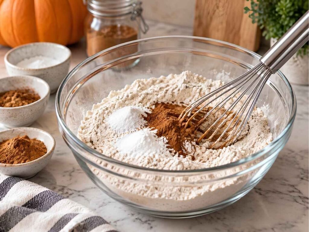 Whisk the Dry Ingredients
In a large bowl, whisk the flour, baking powder, baking soda, salt, and pumpkin pie spice together for a good twenty seconds.