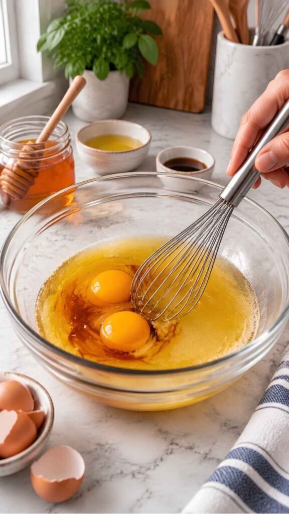 Whisk the Wet Ingredients
In a second bowl, whisk the room-temperature eggs,