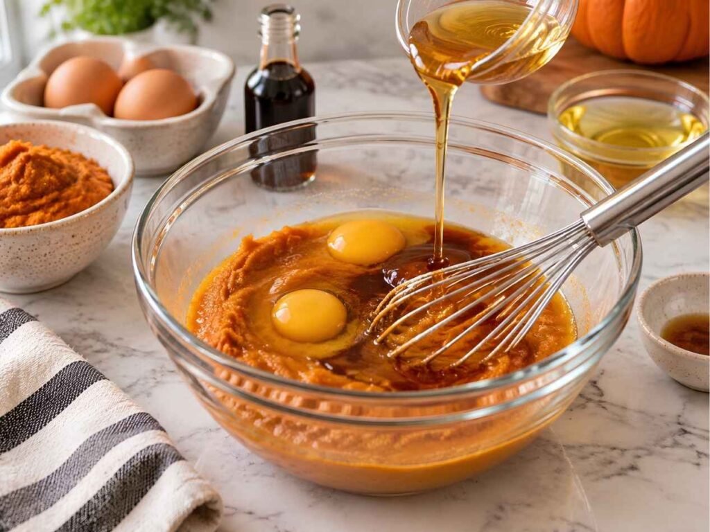 Whisk the Wet Ingredients
In a second bowl, whisk the pumpkin, eggs, honey, and vanilla until smooth.