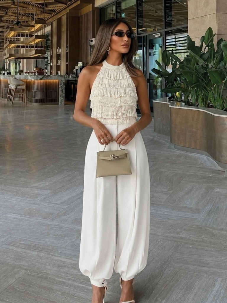 White Halter Top with Wide-Leg Pants: A Modern Minimalist August Outfit