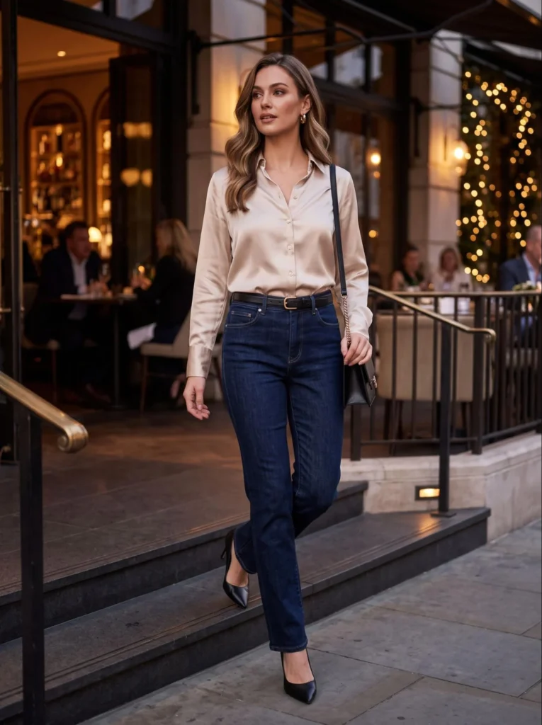 Dark-Wash Jeans With a Satin Blouse

