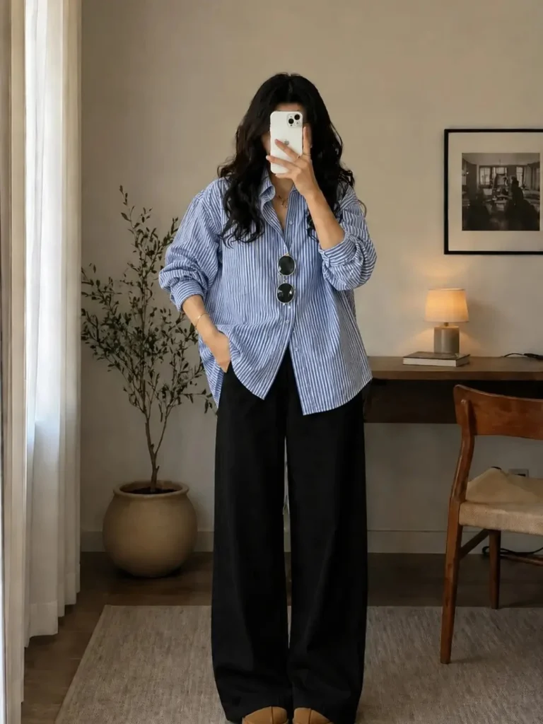 Blue Striped Shirt With Black Wide Leg Pants