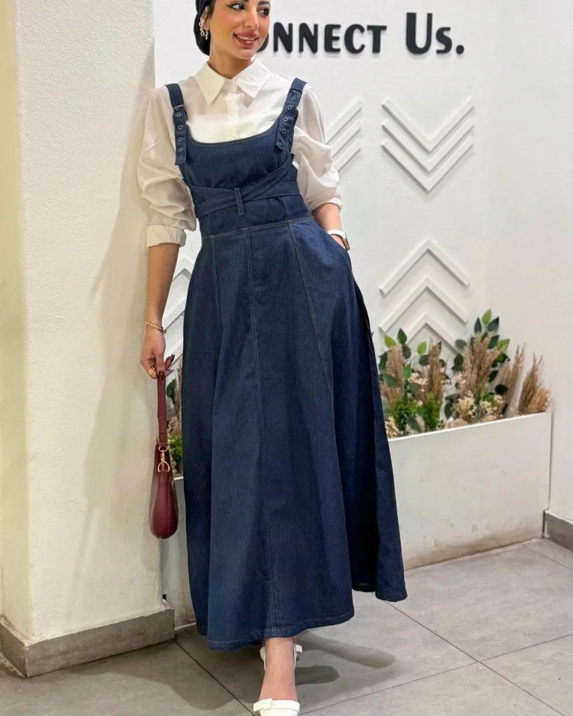 Denim Pinafore Dress with White Shirt