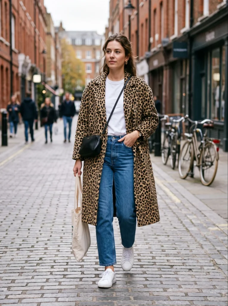 Leopard Print Coat Over Jeans and a White Tee