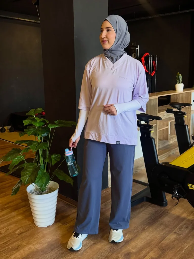 Modest Lavender Workout Top with Wide-Leg Pants 