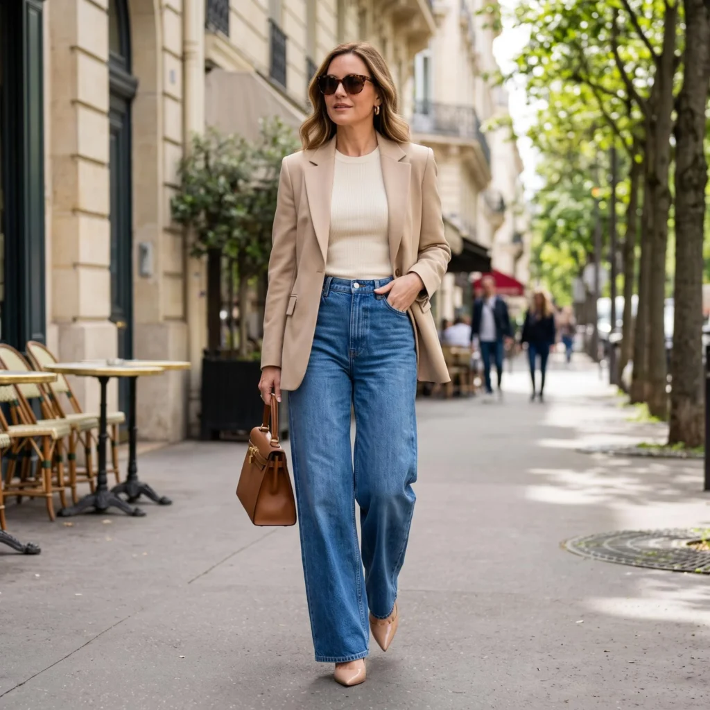 Wide-Leg Jeans With a Beige Blazer